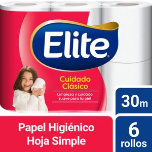 Papel higiénico Elite Cuidado Clásico hoja simple 30 m 6 un