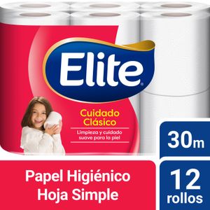 Papel Higienico Elite Hoja Simple Cuidado Clasico 30 mts 12 un