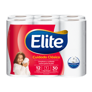 Papel Higienico Elite Hoja Simple Cuidado Clasico 30 mts 12 un