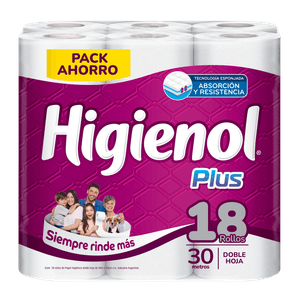 Papel Higiénico Higienol Plus doble hoja 30 m 18 un