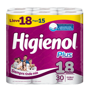 Papel higiénico Higienol Plus pack ahorro doble hoja 30 m 18 un